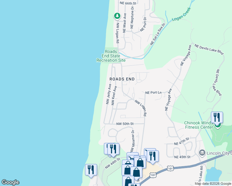map of restaurants, bars, coffee shops, grocery stores, and more near 5430 Northwest Jetty Avenue in Lincoln City