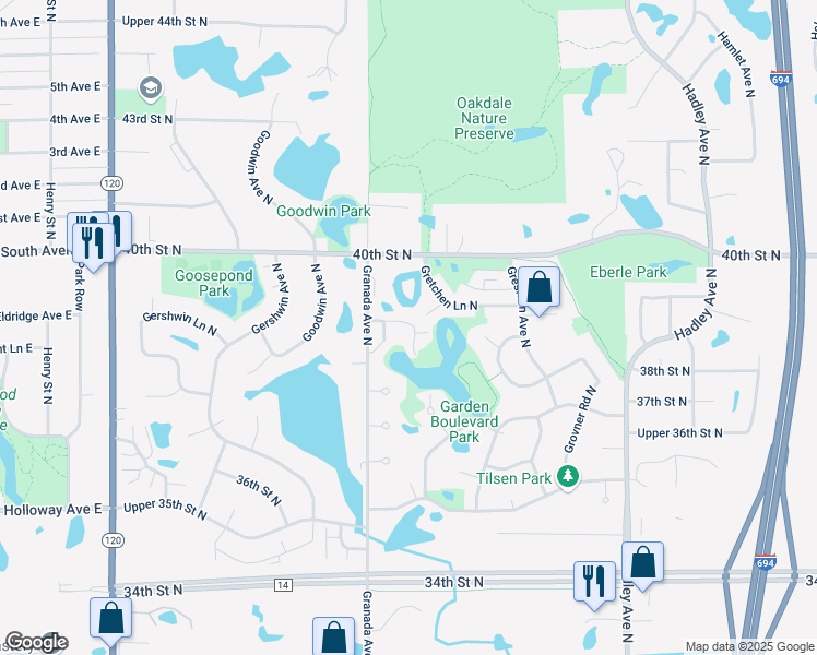 map of restaurants, bars, coffee shops, grocery stores, and more near 3882 Granada Way North in Oakdale