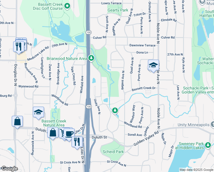 map of restaurants, bars, coffee shops, grocery stores, and more near 2448 Unity Ave N in Minneapolis