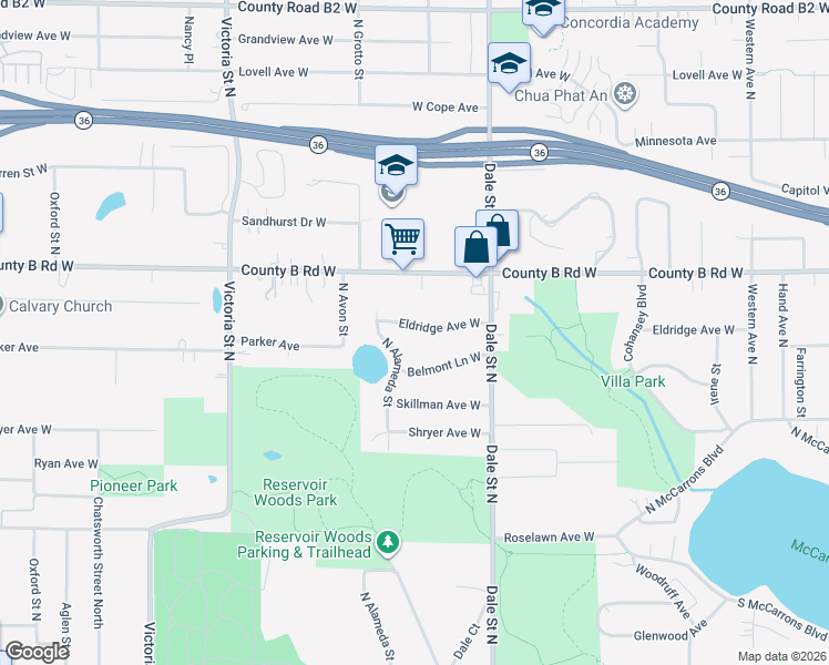 map of restaurants, bars, coffee shops, grocery stores, and more near 692 Eldridge Avenue West in Roseville