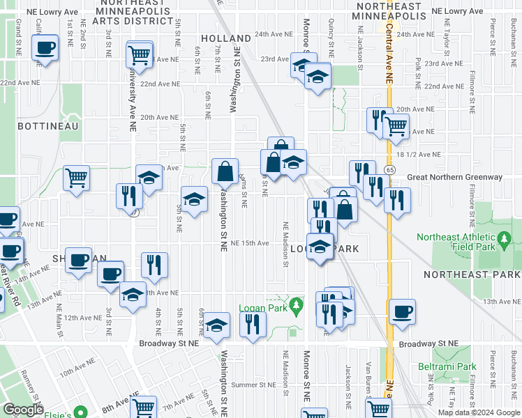 map of restaurants, bars, coffee shops, grocery stores, and more near 1606 Jefferson Street Northeast in Minneapolis