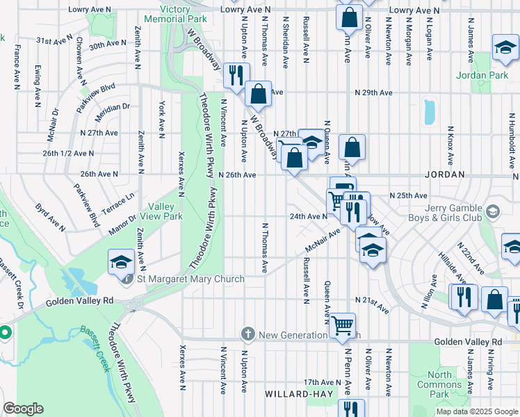 map of restaurants, bars, coffee shops, grocery stores, and more near 2407 North Thomas Avenue in Minneapolis