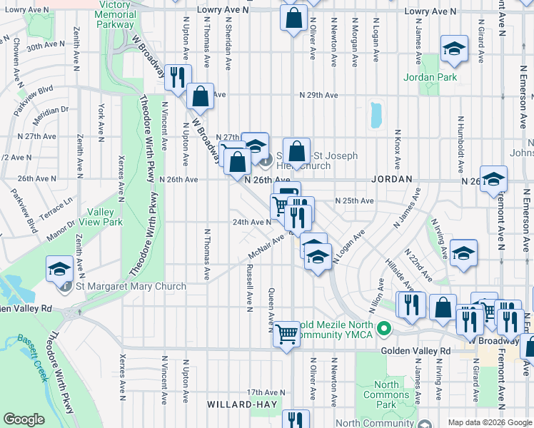 map of restaurants, bars, coffee shops, grocery stores, and more near 2322 24th Avenue North in Minneapolis