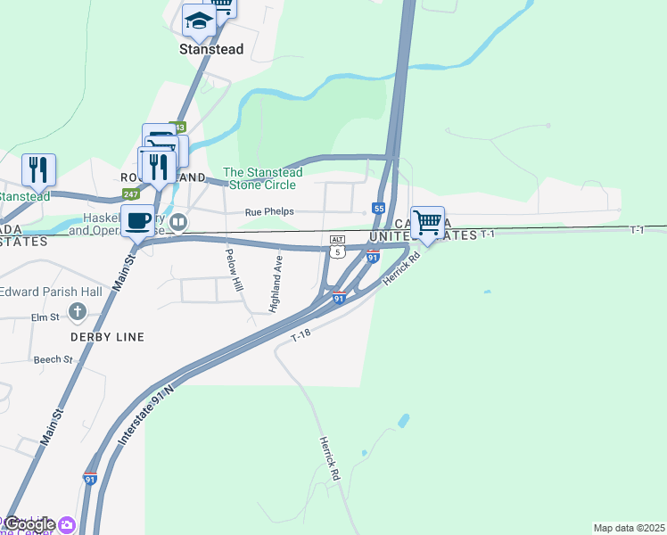map of restaurants, bars, coffee shops, grocery stores, and more near 107 Interstate 91 in Derby