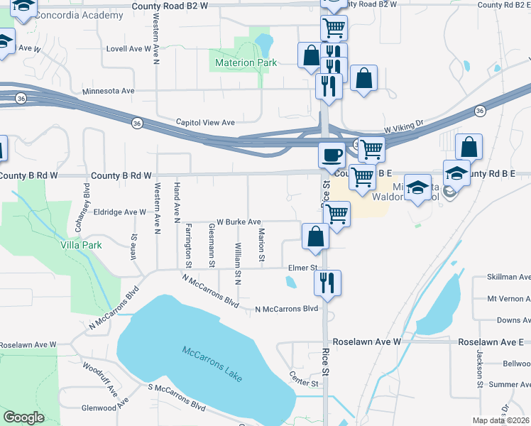 map of restaurants, bars, coffee shops, grocery stores, and more near 219 West Burke Avenue in Roseville