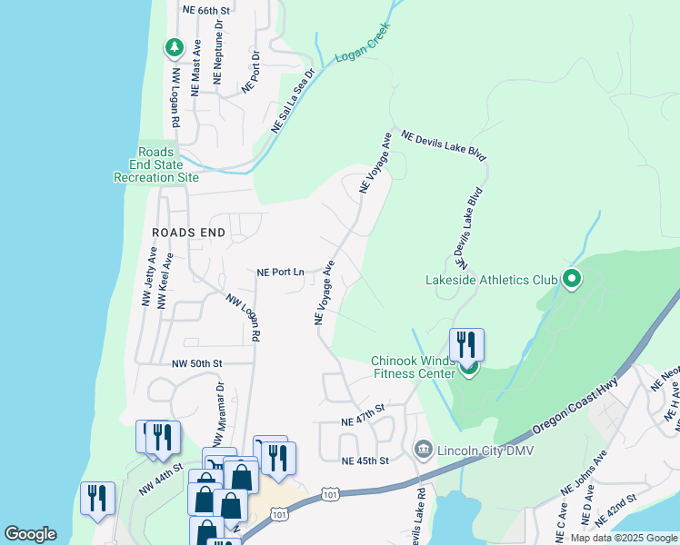 map of restaurants, bars, coffee shops, grocery stores, and more near 5356 Northeast Voyage Avenue in Lincoln City