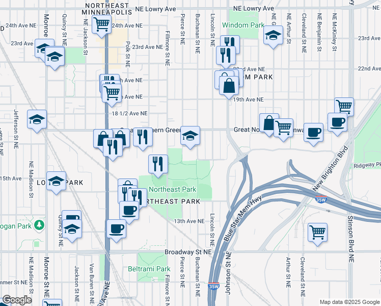 map of restaurants, bars, coffee shops, grocery stores, and more near 1616 Buchanan Street Northeast in Minneapolis