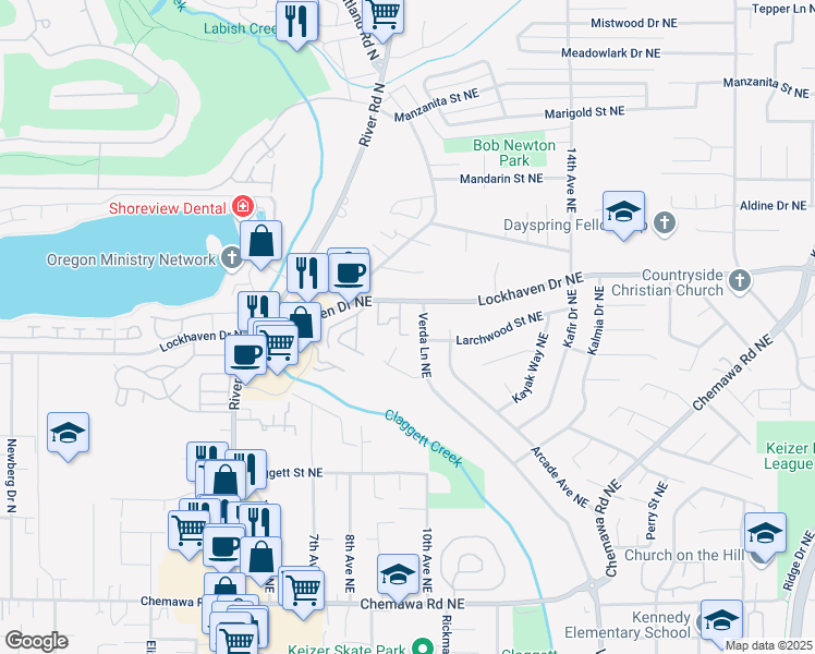 map of restaurants, bars, coffee shops, grocery stores, and more near 5623 Verda Lane Northeast in Keizer