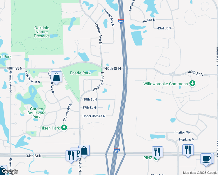 map of restaurants, bars, coffee shops, grocery stores, and more near 7229 39th Street North in Oakdale