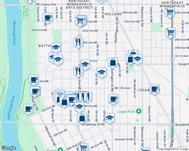 map of restaurants, bars, coffee shops, grocery stores, and more near 1609 4th Street Northeast in Minneapolis