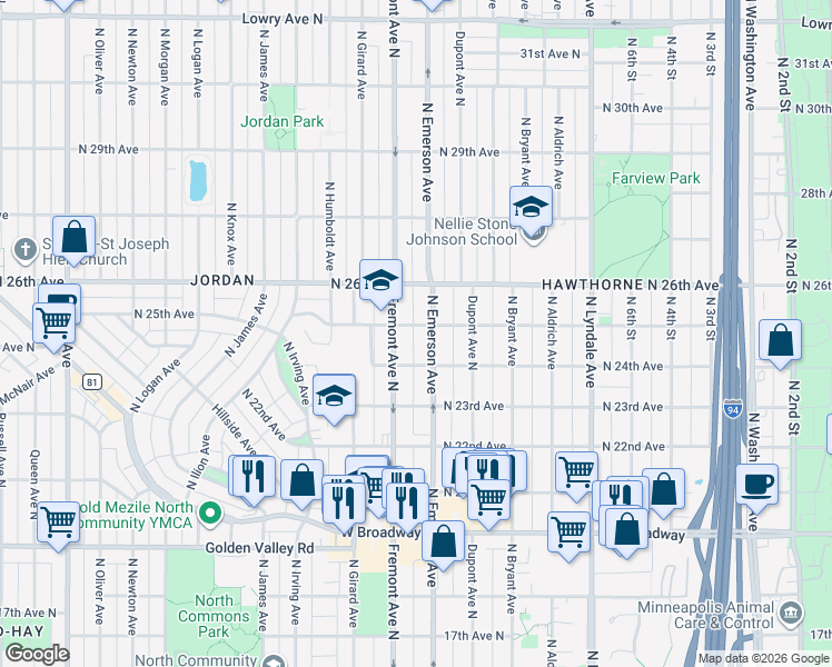 map of restaurants, bars, coffee shops, grocery stores, and more near 2418 North Fremont Avenue in Minneapolis