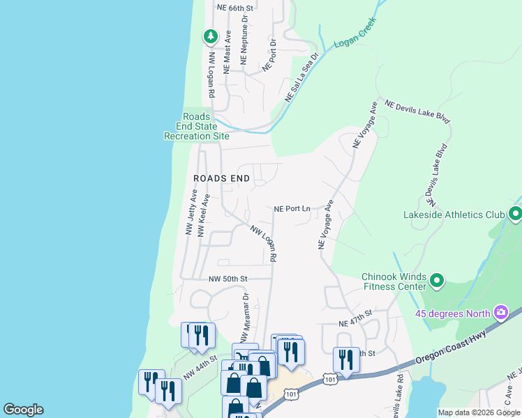 map of restaurants, bars, coffee shops, grocery stores, and more near 5311 Northeast Port Place in Lincoln City
