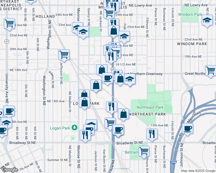 map of restaurants, bars, coffee shops, grocery stores, and more near 1516 Central Avenue Northeast in Minneapolis