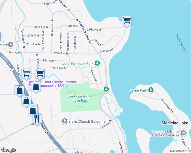 map of restaurants, bars, coffee shops, grocery stores, and more near 2333 Hemlock Lane North in Plymouth