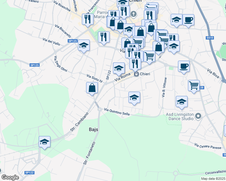 map of restaurants, bars, coffee shops, grocery stores, and more near 8 Via II Giugno in Chieri