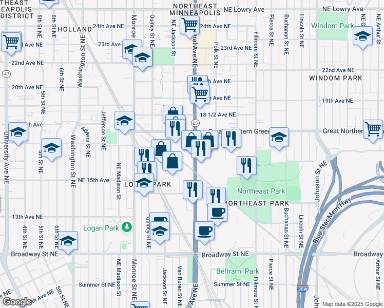 map of restaurants, bars, coffee shops, grocery stores, and more near 1516 Central Avenue Northeast in Minneapolis