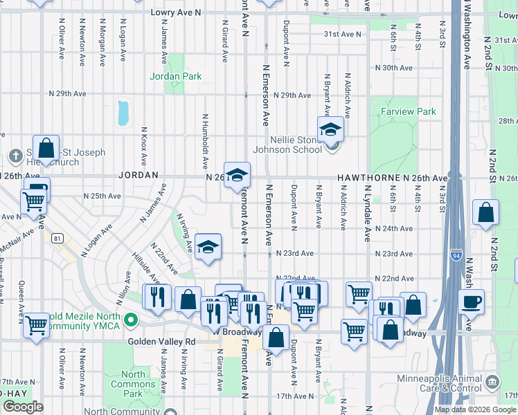 map of restaurants, bars, coffee shops, grocery stores, and more near 2418 North Fremont Avenue in Minneapolis