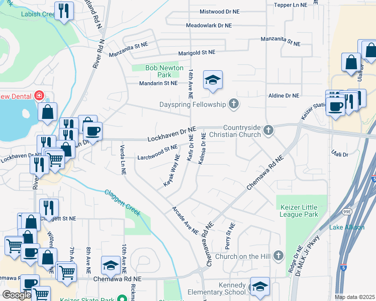 map of restaurants, bars, coffee shops, grocery stores, and more near 5541 Kafir Drive Northeast in Keizer