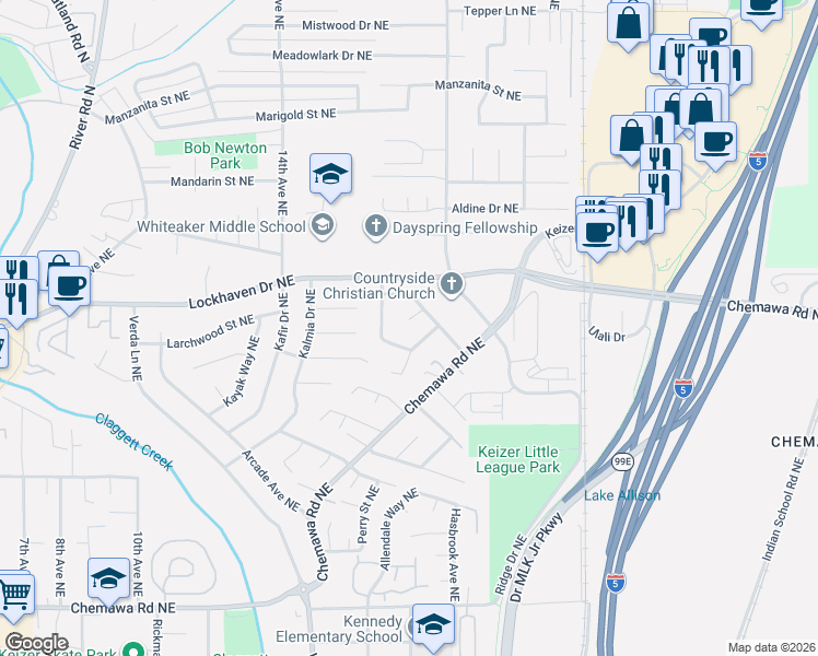 map of restaurants, bars, coffee shops, grocery stores, and more near 5646 Takelma Court Northeast in Keizer
