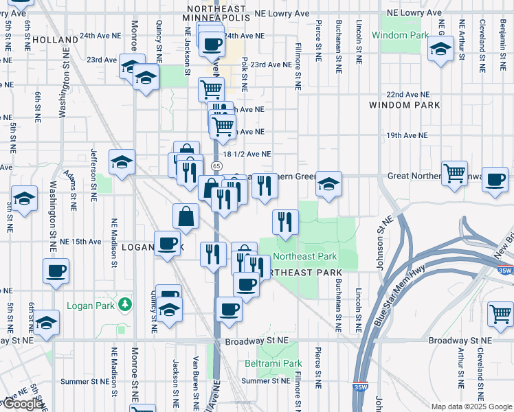 map of restaurants, bars, coffee shops, grocery stores, and more near 1611 Polk Street Northeast in Minneapolis