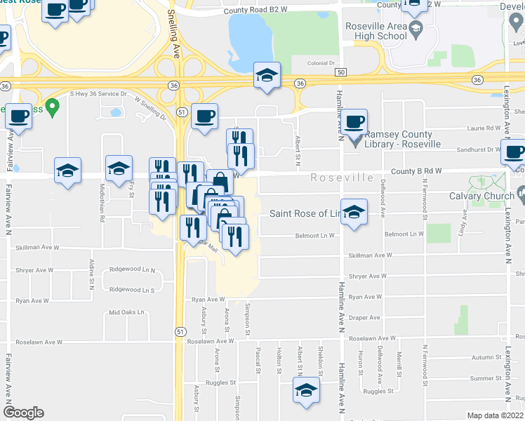 map of restaurants, bars, coffee shops, grocery stores, and more near 1455 Eldridge Avenue West in Roseville