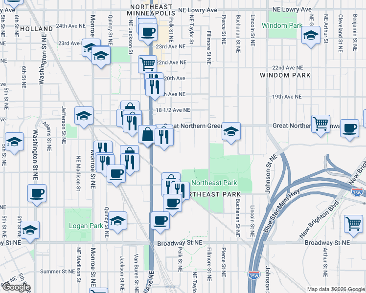 map of restaurants, bars, coffee shops, grocery stores, and more near 1619 Polk Street Northeast in Minneapolis