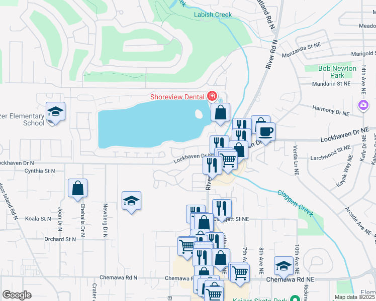 map of restaurants, bars, coffee shops, grocery stores, and more near 224 Lakepoint Place North in Keizer
