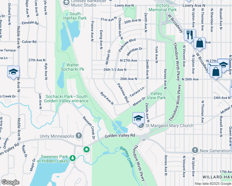 map of restaurants, bars, coffee shops, grocery stores, and more near 2426 McNair Drive in Minneapolis