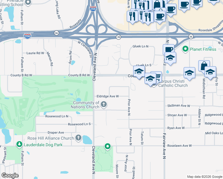 map of restaurants, bars, coffee shops, grocery stores, and more near 2006 Sharondale Avenue in Roseville