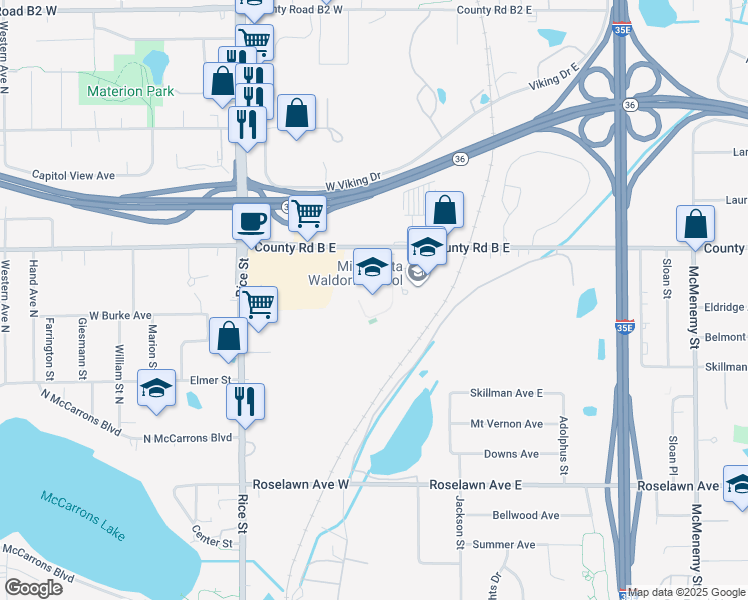 map of restaurants, bars, coffee shops, grocery stores, and more near 30 County Road B East in Saint Paul