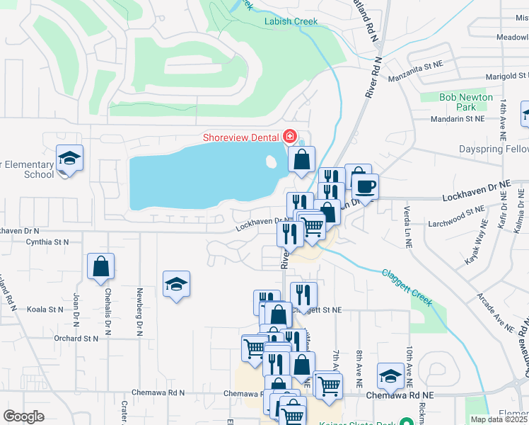 map of restaurants, bars, coffee shops, grocery stores, and more near 224 Lakepoint Place North in Keizer
