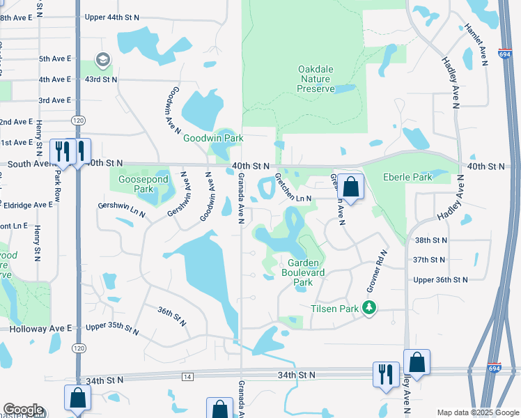 map of restaurants, bars, coffee shops, grocery stores, and more near 3882 Granada Way North in Oakdale