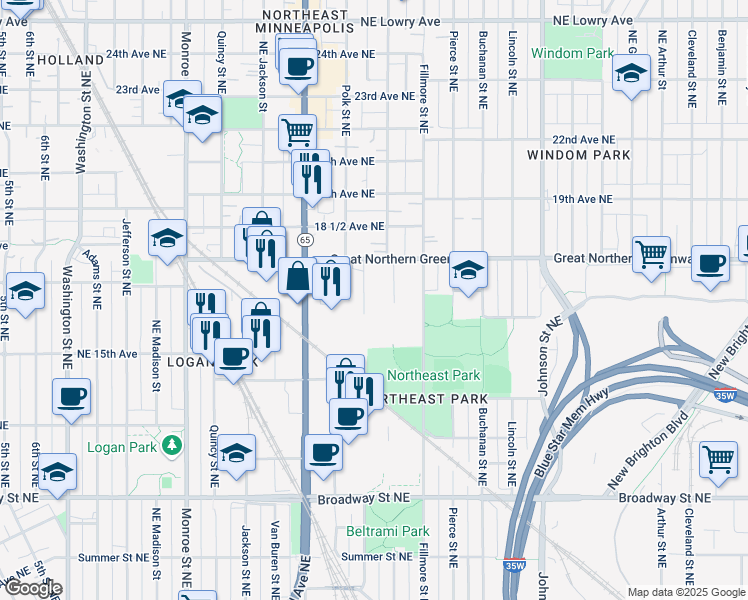 map of restaurants, bars, coffee shops, grocery stores, and more near 1611 Polk Street Northeast in Minneapolis