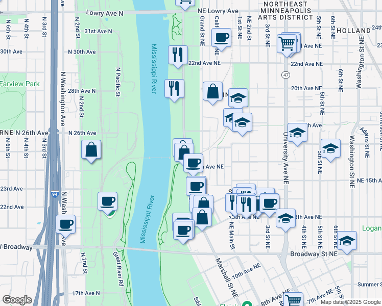 map of restaurants, bars, coffee shops, grocery stores, and more near 1621 Marshall Street Northeast in Minneapolis