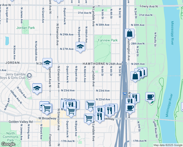map of restaurants, bars, coffee shops, grocery stores, and more near 2422 North Lyndale Avenue in Minneapolis