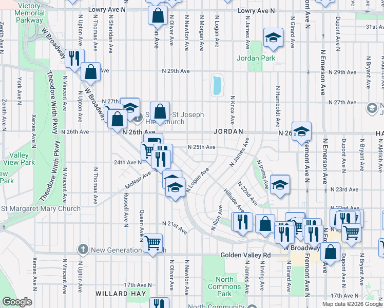 map of restaurants, bars, coffee shops, grocery stores, and more near 2005 Hillside Avenue North in Minneapolis
