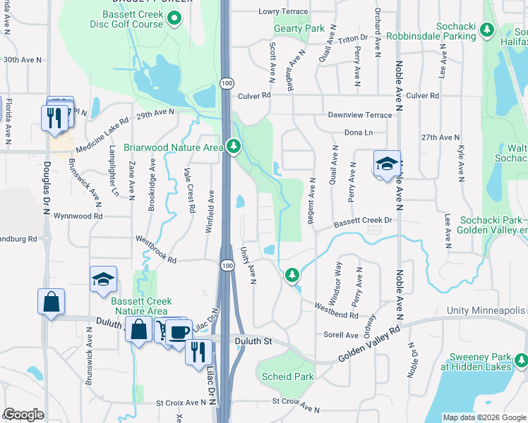 map of restaurants, bars, coffee shops, grocery stores, and more near 2448 Unity Avenue North in Minneapolis