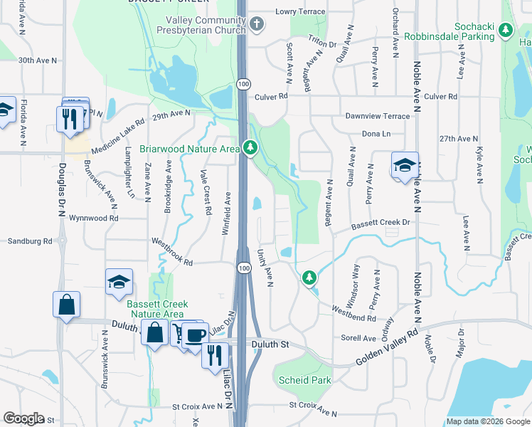 map of restaurants, bars, coffee shops, grocery stores, and more near 2431 Unity Avenue North in Minneapolis