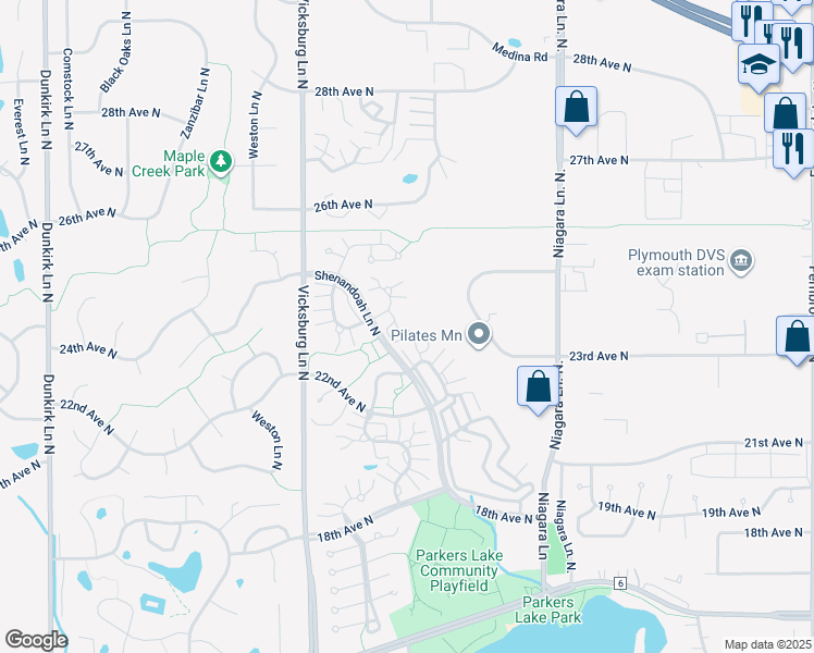 map of restaurants, bars, coffee shops, grocery stores, and more near 2270 Ranchview Lane North in Plymouth