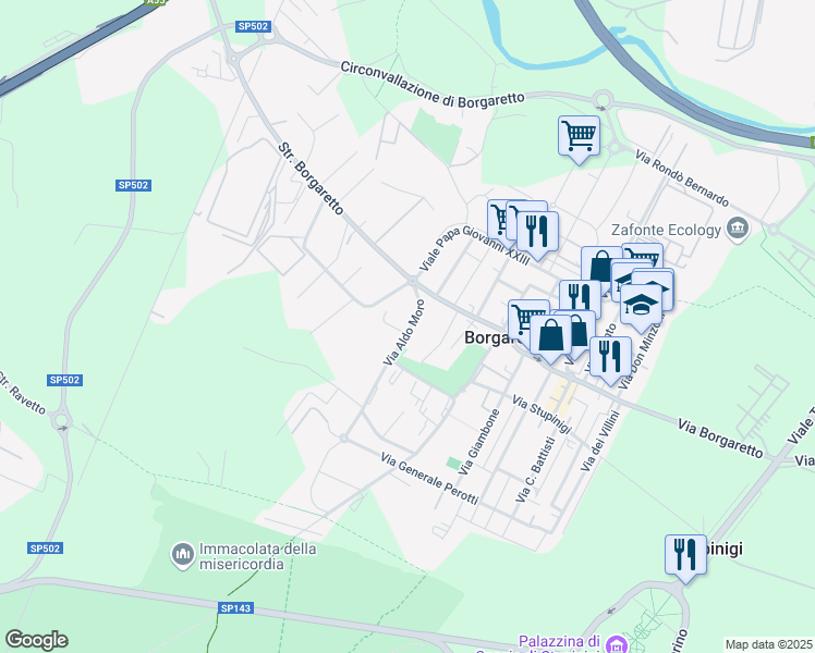 map of restaurants, bars, coffee shops, grocery stores, and more near 4E Via Aldo Moro in Borgaretto