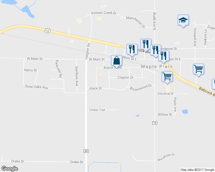 map of restaurants, bars, coffee shops, grocery stores, and more near 1445 Prairieland Avenue in Maple Plain