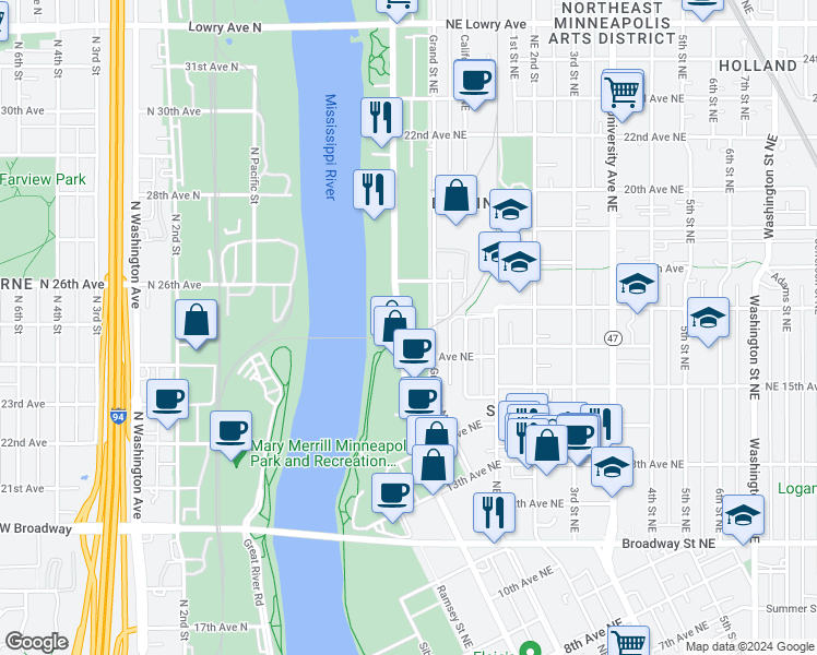 map of restaurants, bars, coffee shops, grocery stores, and more near in Minneapolis