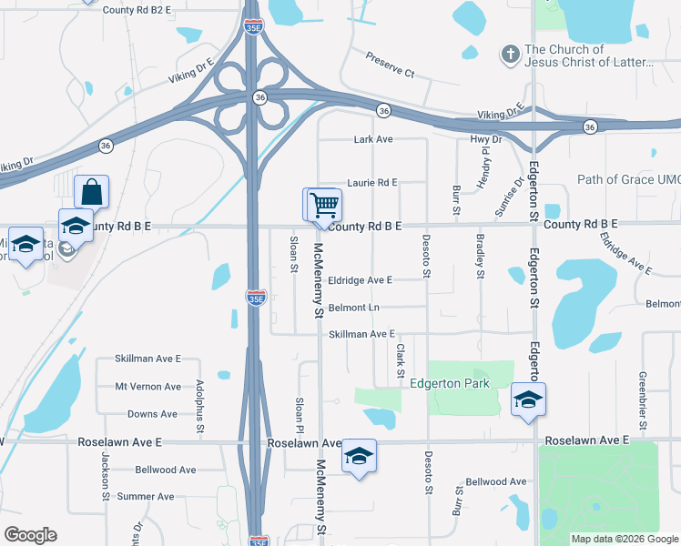 map of restaurants, bars, coffee shops, grocery stores, and more near 361 Eldridge Avenue East in Maplewood