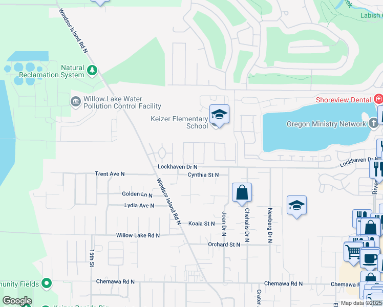 map of restaurants, bars, coffee shops, grocery stores, and more near 5510 Windsor Island Road North in Keizer