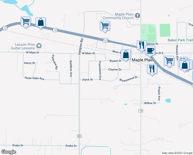 map of restaurants, bars, coffee shops, grocery stores, and more near 1445 Prairieland Avenue in Maple Plain