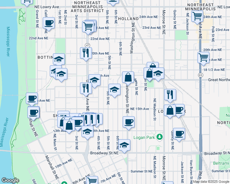 map of restaurants, bars, coffee shops, grocery stores, and more near in Minneapolis