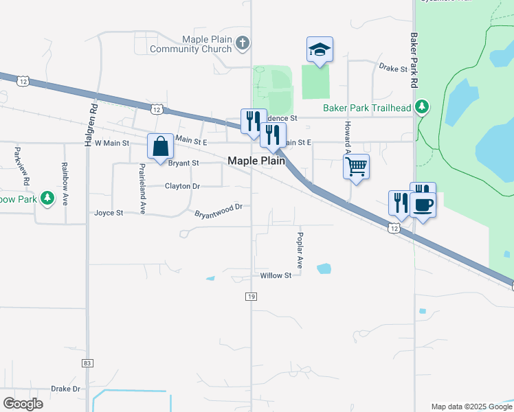 map of restaurants, bars, coffee shops, grocery stores, and more near 1440 Budd Avenue North in Maple Plain