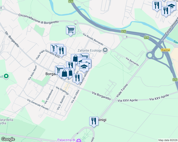 map of restaurants, bars, coffee shops, grocery stores, and more near 20 Via Don Minzoni in Borgaretto
