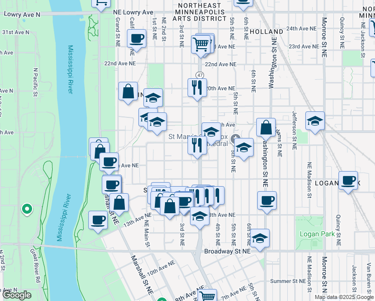 map of restaurants, bars, coffee shops, grocery stores, and more near 1609 3rd Street Northeast in Minneapolis