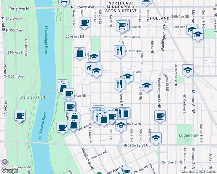 map of restaurants, bars, coffee shops, grocery stores, and more near 219 16th Avenue Northeast in Minneapolis